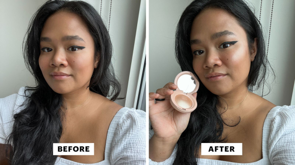 Allure senior beauty editor Jesa Marie Calaor before and after using the Rare Beauty Positive Light Silky Touch Highlighter